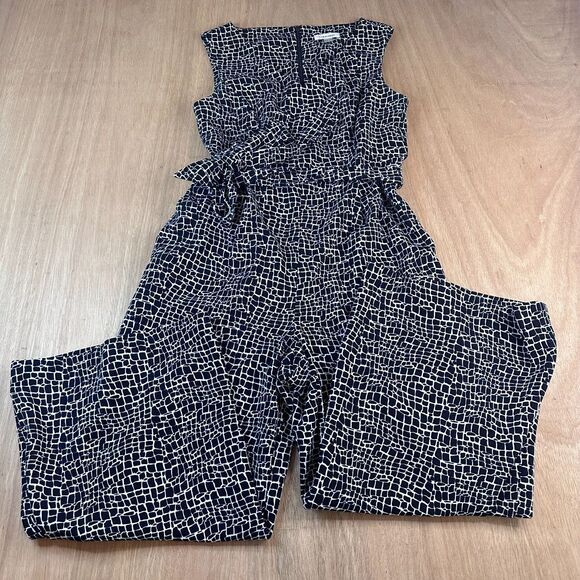 Calvin Klein Abstract Print Jumpsuit Women’s 8 Black White Wide Leg Belted - Picture 1 of 8